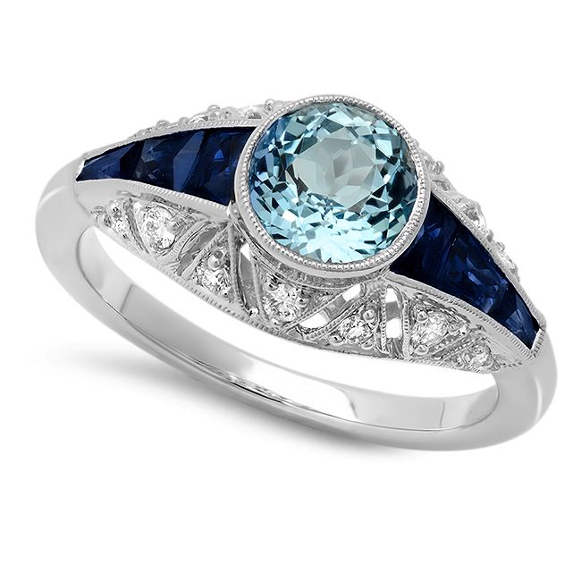 French Cut Sapphire and Diamond, Aqua Center Mount