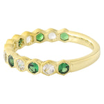 Prong Set White Sapphire and Tsavorite Hexagon Band Halfway Around