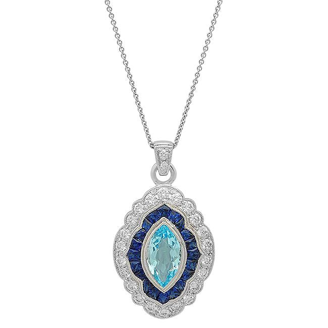 Vintage Inspired Aqua Center Diamond and Sapphire Pendant