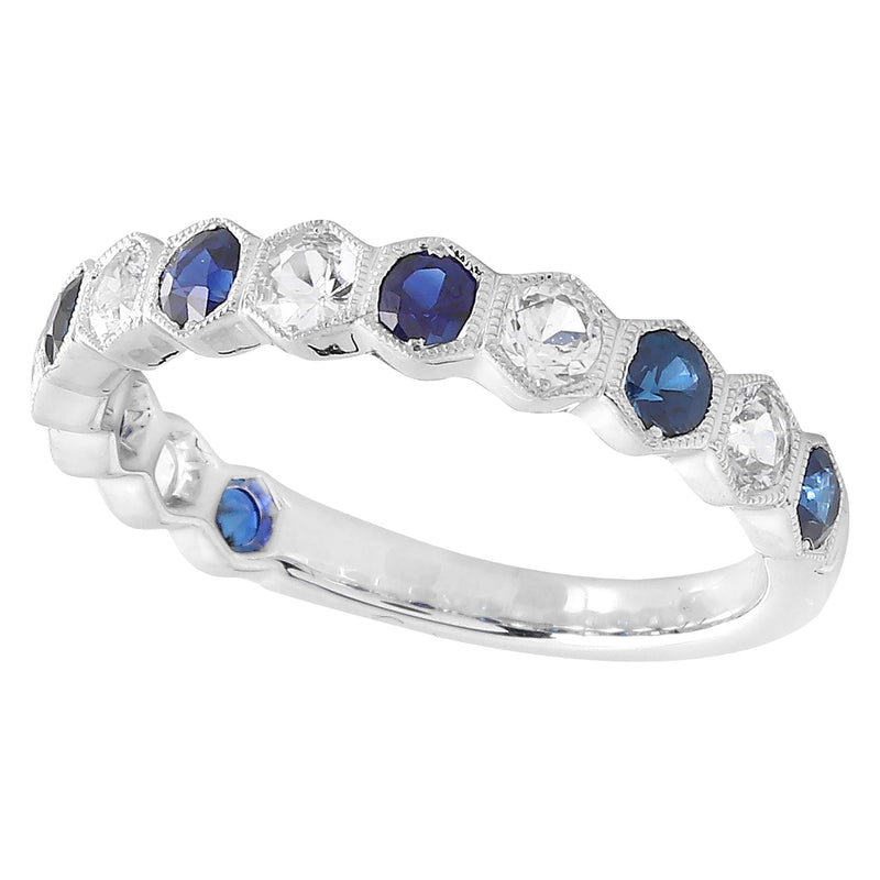 Prong Set White and Blue Sapphire Hexagon Band Halfway Around