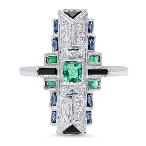 Art Deco Emerald, Onyx and Sapphire Ring