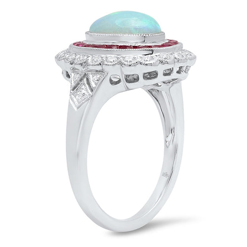 Oval Cut Opal Center, Diamond and Ruby Halo Ring