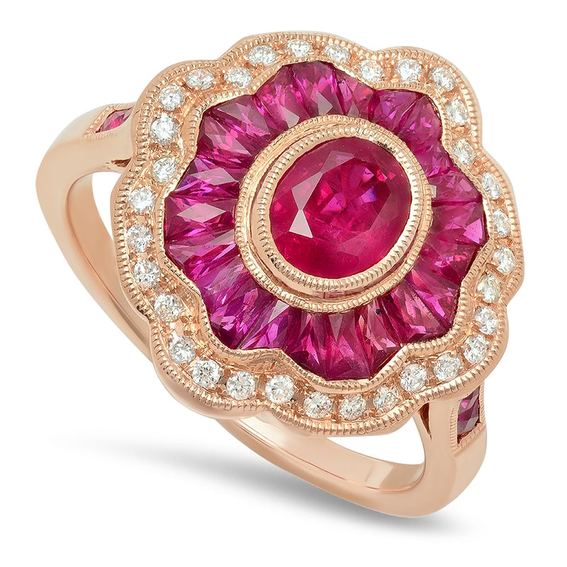 French Cut Ruby and Diamond Halo Mount
