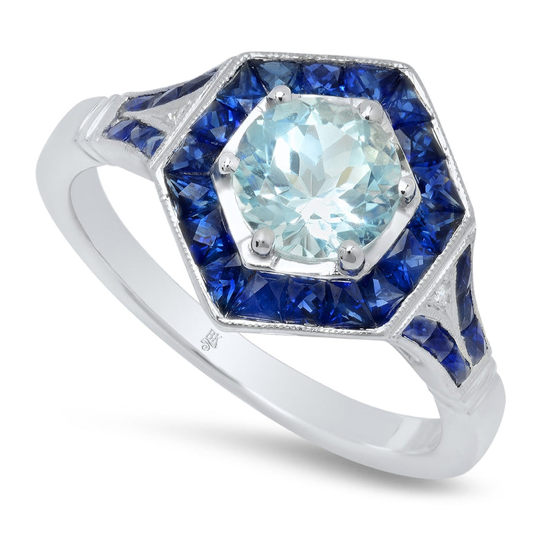 French Cut Sapphire and Round Aqua Center Mount
