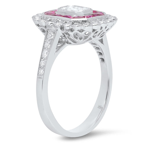 French Cut Ruby and Diamond Halo Semi-Mount