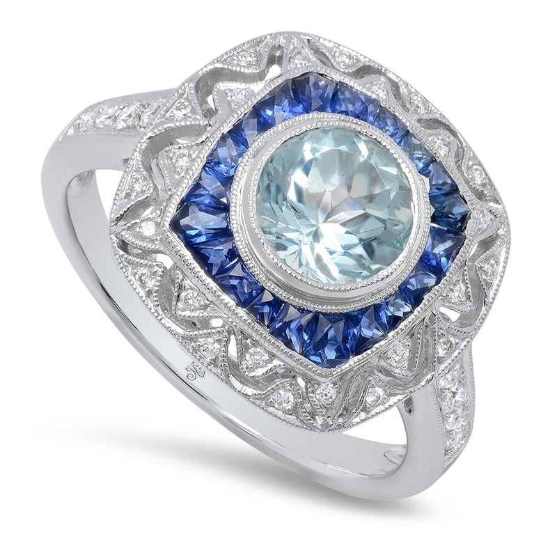 Diamond and Sapphire Fashion Ring with Aquamarine Center Stone