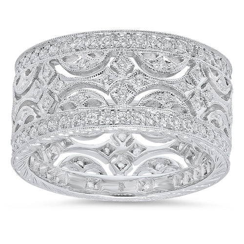 Vintage Inspired Diamond Half Moon Design Wide Band