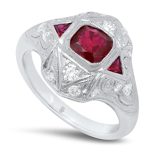 Ruby Cushion Cut Center Vintage Inspired Mount