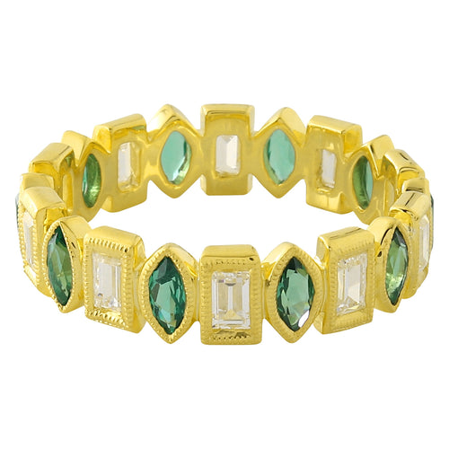 Bezel Set Tsavorite and Baguette Diamond Eternity Band