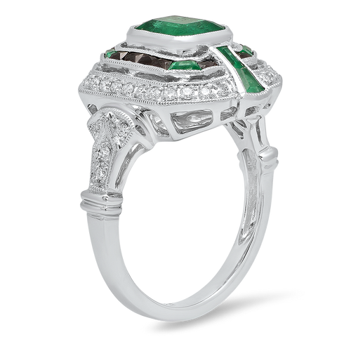 Emerald Center with Diamond and Onyx Halo Ring