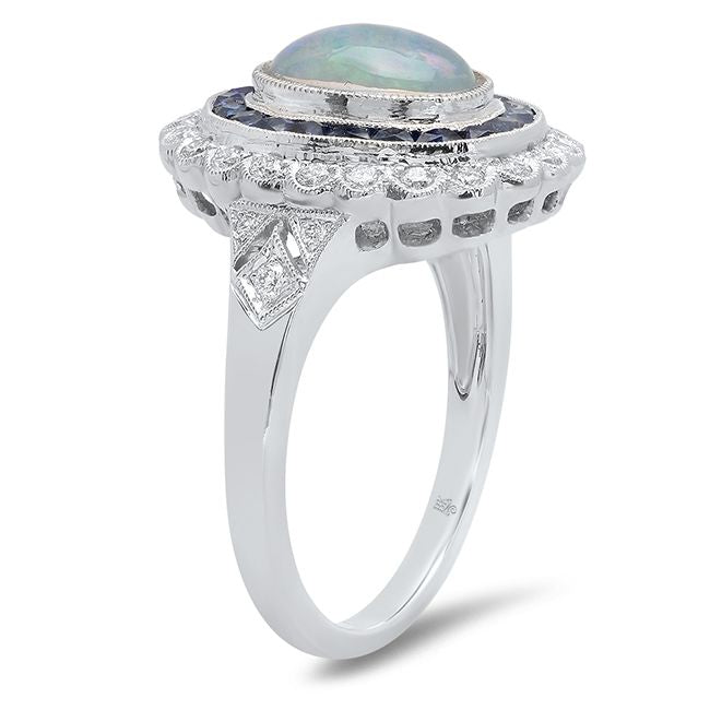 Oval Cut Opal Center, Diamond and Sapphire Halo Ring