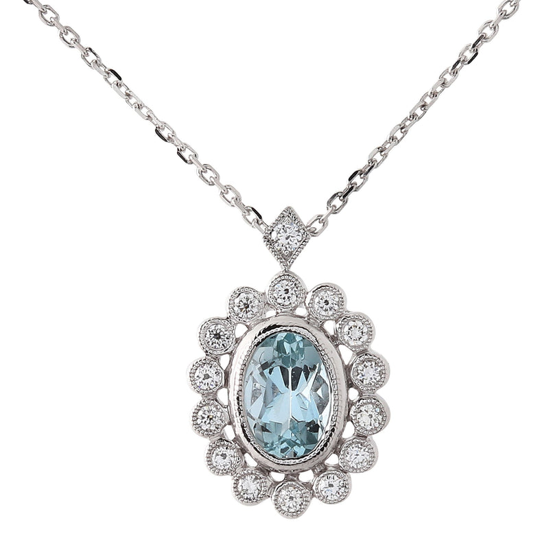 Bezel Set Oval Aquamarine and Diamond Pendant