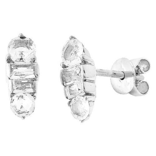 Baguette and Round White Sapphire Stud Earrings